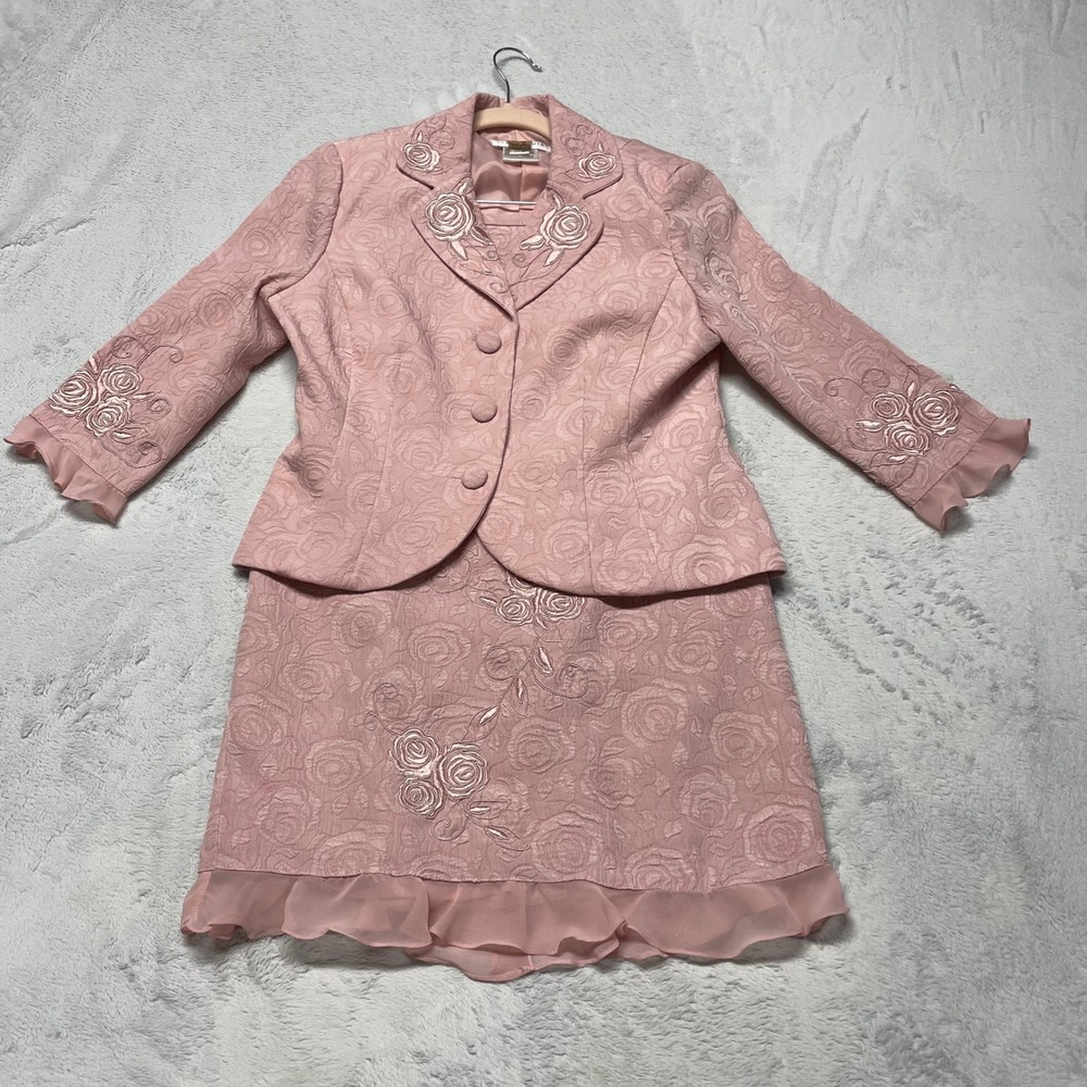 Plaza South Skirt Suit Women 6P Pink Rose Floral Jacquard Embroidered Ruffle